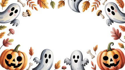 Whimsical Halloween border with pumpkins ghosts and leaves