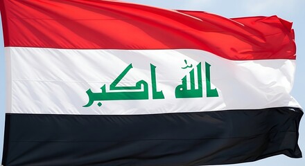 Naklejka premium Waving iraqi flag with 'allahu akbar' script under blue sky