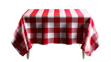 A cheerful red and white checkered tablecloth covering a table, ideal for food presentation, picnic themes, restaurant settings, and lively event decorations.
