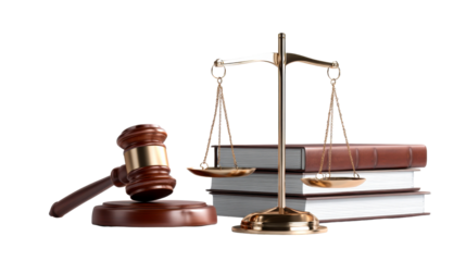 A traditional wooden gavel and a gleaming golden scale of justice stand beside a stack of legal reference books, symbolizing fairness and legal authority for educational or professional use.