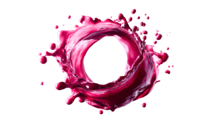Vibrant magenta fluid splashing and forming a dynamic circular wave with suspended droplets, ideal for cosmetic product packaging, beverage advertisements, or abstract motion graphics.
