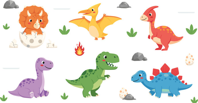Cute cartoon dinosaur characters set with baby dinos eggs and prehistoric landscape playful illustration
