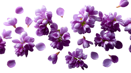 Vibrant purple flowers and delicate petals scattered across a surface creating a fresh and elegant floral display perfect for spring celebrations, natural beauty themes, and decorative