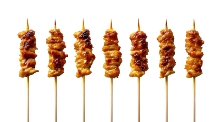 Delicious grilled chicken skewers coated in a rich shiny glaze offer an appetizing visual for food blogs, restaurant menus, or culinary advertisements showcasing savory Asian cuisine.