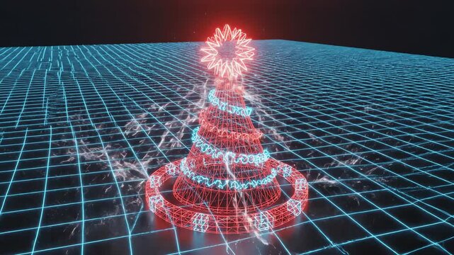 Glowing neon red and cyan wireframe structure dynamically forming the shape of a festive conical hat on a dark digital grid background with electrical energy flowing across the surface conical