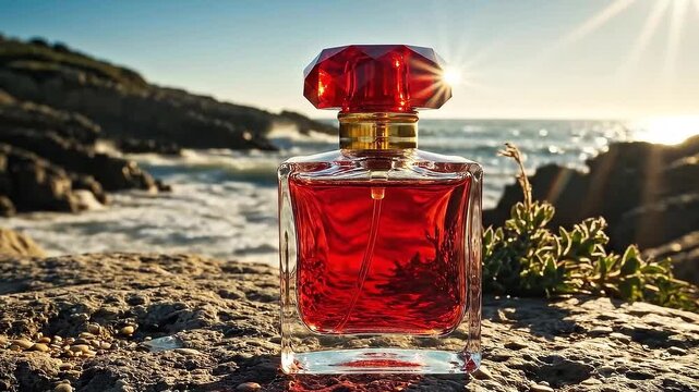 Elegant perfume bottle by the ocean