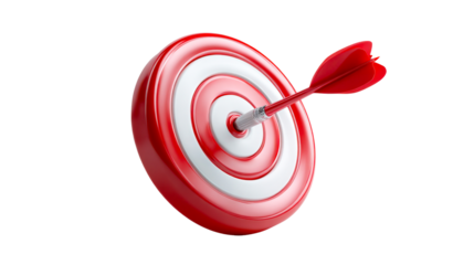 A perfectly aimed red dart strikes the bullseye of a sleek red and white target, powerfully symbolizing success, goal achievement, and precise execution for impactful corporate marketing