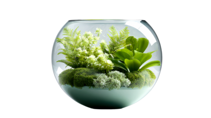 A vibrant assortment of fresh green plants arranged inside a modern spherical glass terrarium, perfect for showcasing botanical beauty and enhancing contemporary home or office interior