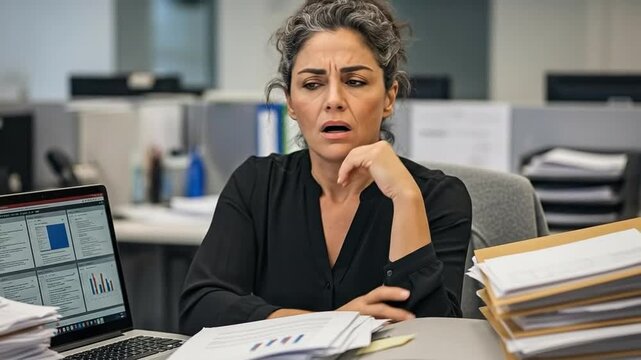 Stressed Female Office Worker Managing Heavy Workload with Papers and Laptop in Modern Workspace