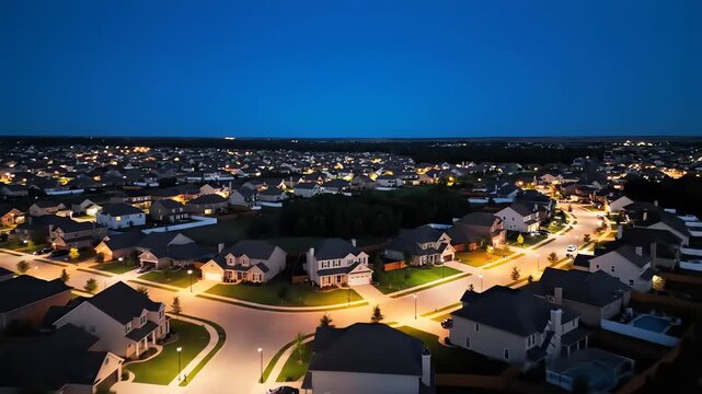 High aerial drone shot slowly drifting over a sprawling residential neighborhood with scattered streetlights glowing beneath a deep blue night sky sprawling, night, housing