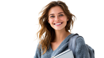 Confident smiling young woman ready for university or college studies carrying a backpack and books symbolizing education and academic achievement for youth lifestyle and learning projects