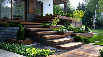Modern Outdoor Staircase And Planter With Clean Lines Green 