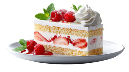 Delicious moist sponge cake slice layered with fresh strawberries and fluffy whipped cream, adorned with vibrant raspberries and mint leaves, perfect for dessert menus, bakery promotions,