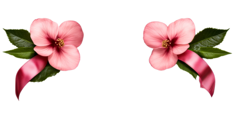 Stylish corner decoration featuring vibrant pink blossoms, fresh green leaves, and a textured satin ribbon creating a sophisticated frame suitable for various romantic or celebratory