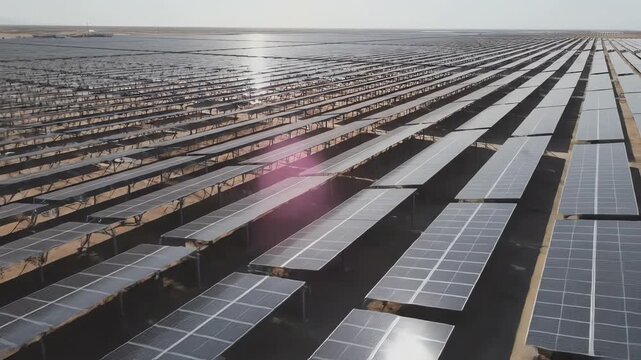 High aerial drone shot sweeping over a massive, intricate network of organized solar panels glistening under bright daylight symbolizing scale and efficient commitment aerial, largeproject