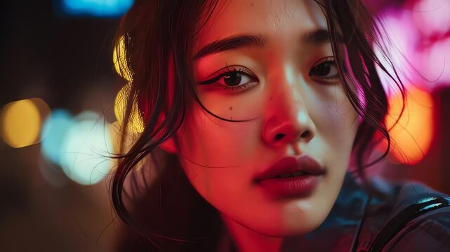 Beautiful Korean Girlfriend Posing Under Urban Neon Lights