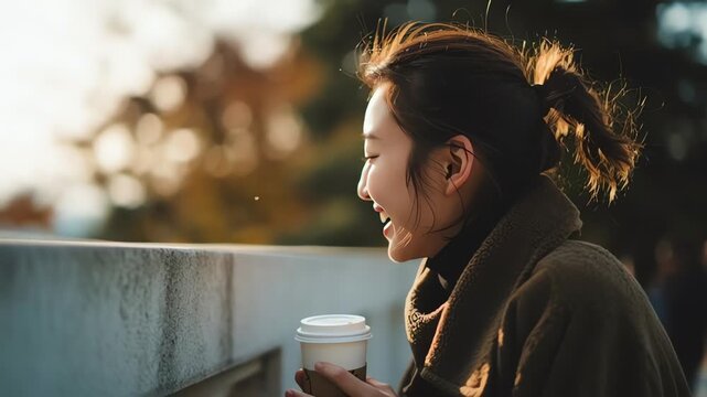 Happy Korean girlfriend portrait laughing on sunny autumn day