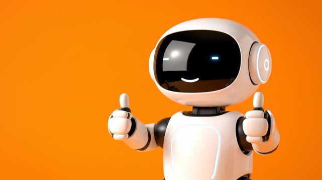 A cute 3D white robot assistant gives a double thumbs up gesture against a vibrant orange background, concept for artificial intelligence, technology solutions and customer service