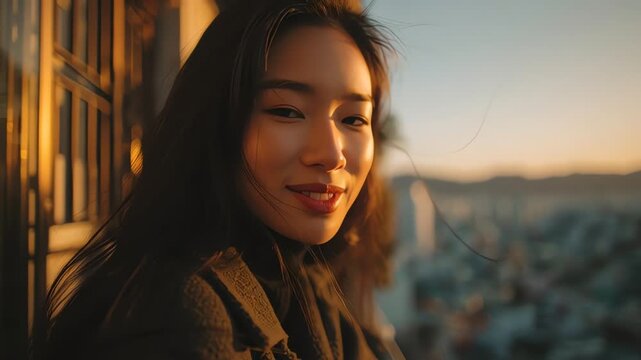 Beautiful korean girlfriend looking over city at golden hour