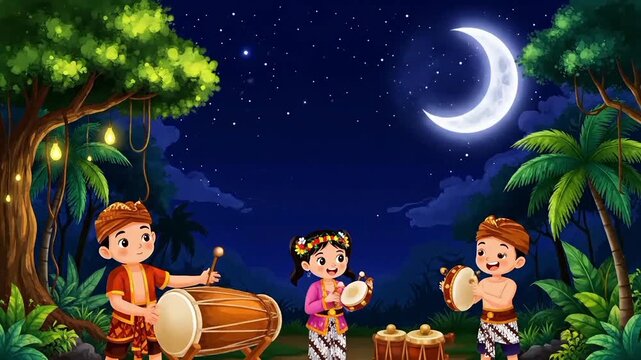 Three Indonesian children in traditional attire playing drums and tambourines under a crescent moon in a lush jungle at night.