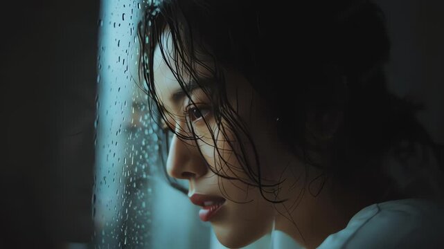 Moody Portrait of Korean Girlfriend By Rainy Window