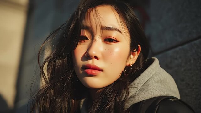 Beautiful Korean Girlfriend Portrait in Golden Hour Sunlight