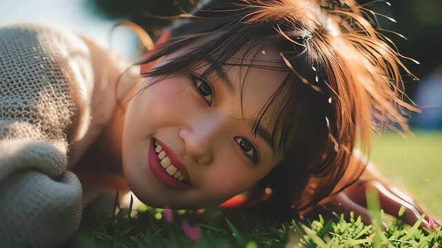 Close-up portrait of beautiful Korean girlfriend resting on grass