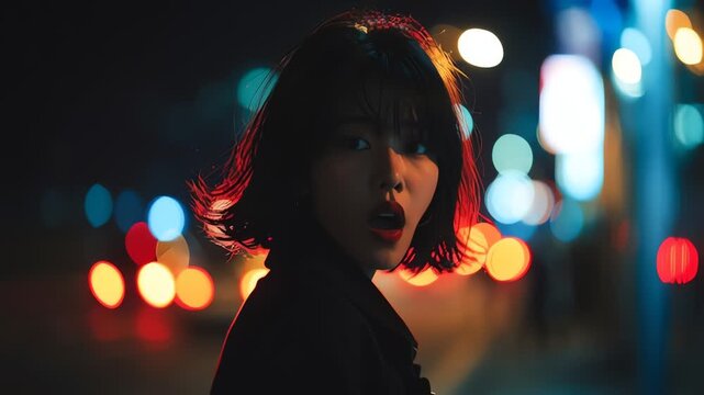 Moody cinematic shot of Korean girlfriend in dark cityscape