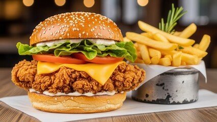 Eye level restaurant menu advertising image with crispy fried chicken burger and golden fries presentation