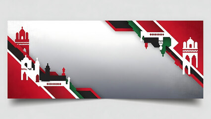 abstract banner design with sudanese flag colors and architectural elements, representing heritage and modern design, clean layout with red white black and green