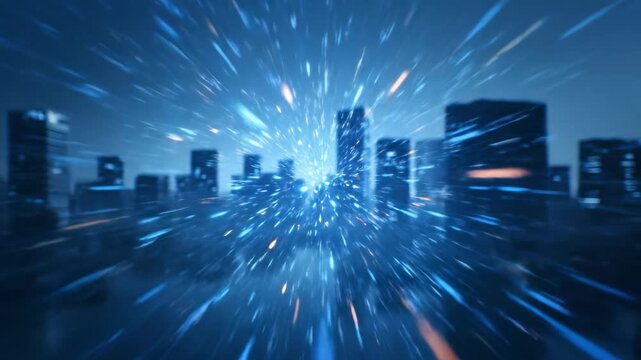 Digital hyper-speed tunnel effect zooming through a futuristic blue cityscape silhouette, concept for technology presentation, global connectivity promotion and finance data transfer