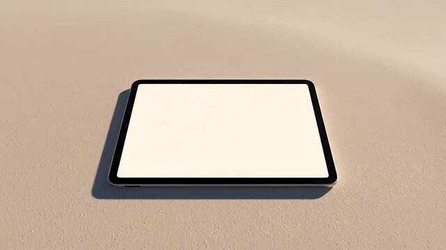 High aerial shot revealing a vast, stylized, minimalist landscape focusing solely on a single illuminated electronic tablet lying dormant on the empty surface flat lay, digital dependency, wide shot