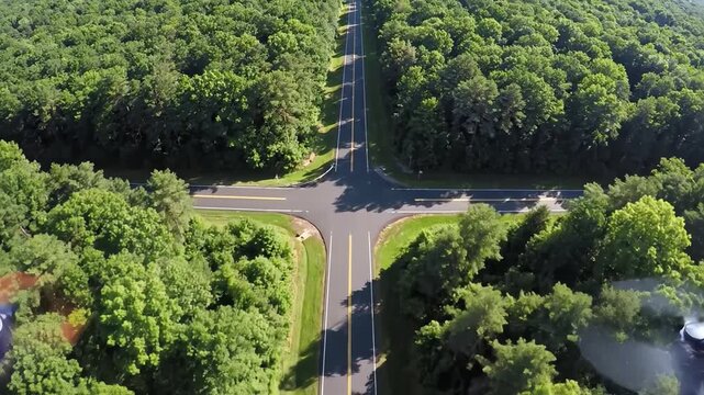High altitude aerial drone shot looking down vertically onto a symmetrical Y-intersection of paved asphalt roads cutting through dense green woodlands woodlands, travel, overhead