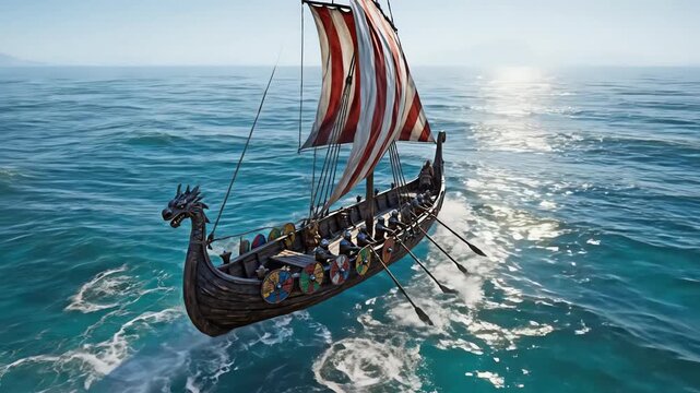 High altitude drone shot panning smoothly over a single detailed Viking longship navigating calm, clear turquoise ocean waters under a sunny sky ocean, tranquil, wooden ship