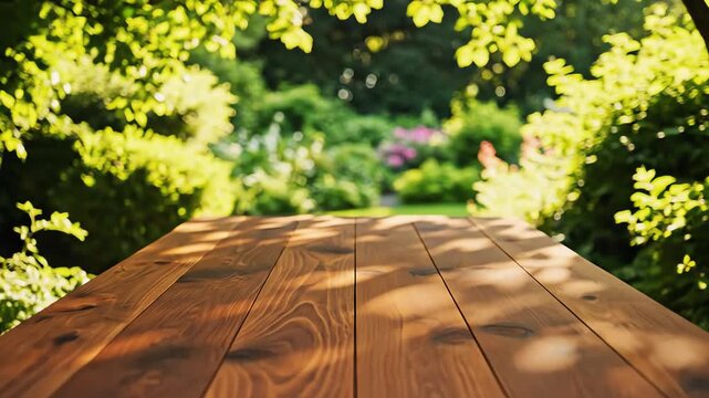 High angle aerial drone perspective panning slowly down onto a clean rectangular brown wooden table top nestled within an intensely green defocused natural garden environment organic, clean surface