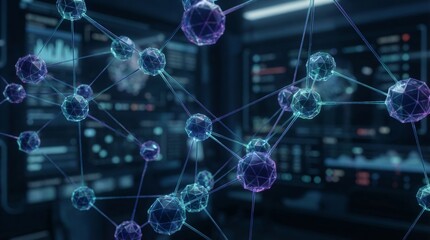 Abstract network of glowing nodes and lines representing data connections, artificial intelligence, and scientific research in a futuristic dark room with computer screens