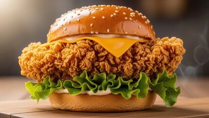 Commercial close up perspective of fried chicken burger emphasizing crispy texture and appetizing details