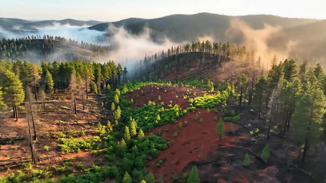 High angle aerial drone shot overlooking a vast, misty forest landscape with patches of red earth from a recent fire slowly transitioning back to green growth healing, nature, journey