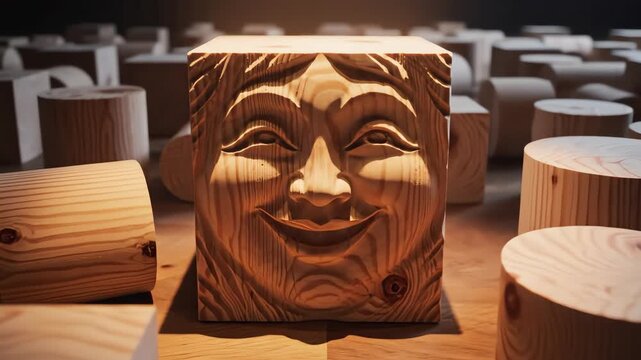 High angle aerial shot looking down upon a multitude of wooden blocks scattered across a surface with one brightly lit block featuring a smiling carved face arrangement, future, mood