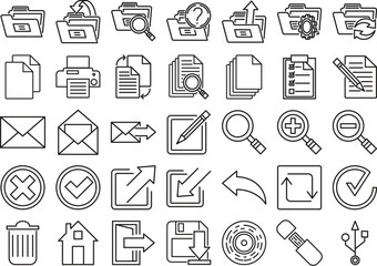 Collection of diverse outlined icons representing files folders and related actions