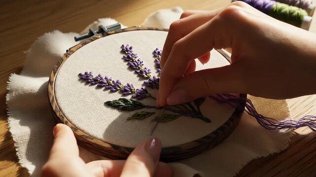 High angle cinematic close-up of a rustic wooden embroidery hoop resting on a natural light wooden desk showcasing a half-finished lavender and green floral design tabletop view, hobby environment
