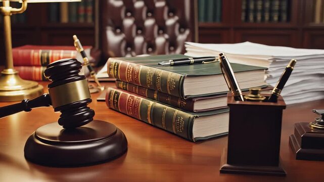 High angle cinematic dolly shot moving slowly over a perfectly organized desk featuring a massive wooden gavel and stacks of legal reference materials organization, dolly move, authority