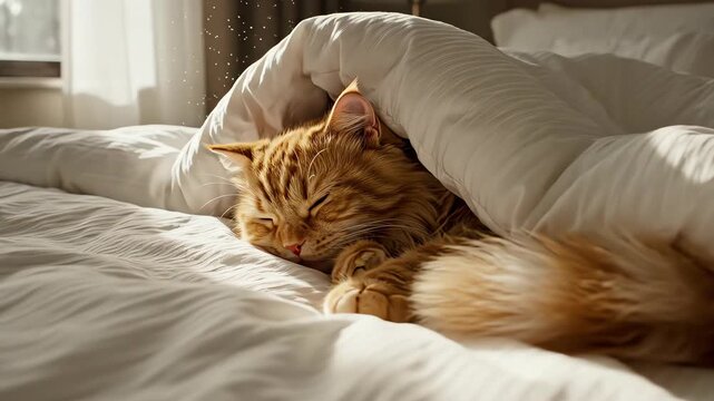 High angle composition showcasing a fluffy marmalade cat completely enveloped in a pristine white duvet cover resting next to soft ambient window light diffusion relaxation, cozy, minimalist