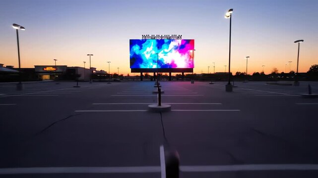 High angle drone shot capturing the vast scale and geometric layout of an empty outdoor drivein theater parking lot surrounding the huge glowing screen at sunset rows, cinematic, architecture
