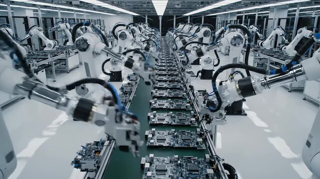 High angle drone perspective looking down onto several parallel robotic arms performing simultaneous precise tasks on a clean factory floor overhead shot, industrial automation, efficiency