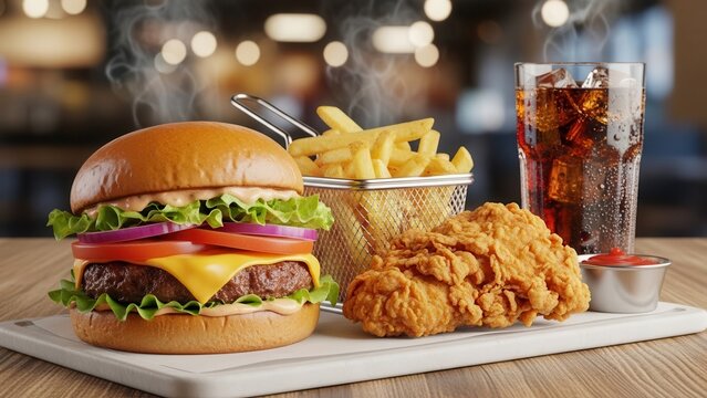 Diagonal close perspective fast food burger and fried chicken combo meal presentation
