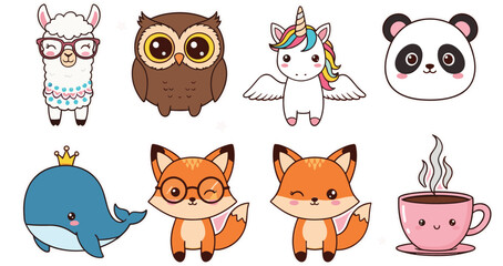 Cute cartoon kawaii animals and icons set with panda fox unicorn owl and coffee illustration