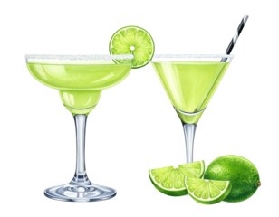 Two refreshing green cocktails with lime garnishes