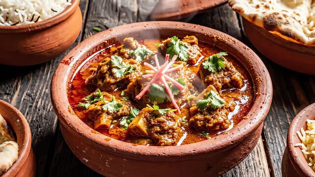 High angle overhead shot capturing the finished mutton curry dish presented in a rough clay serving bowl on a dark rustic wooden table meat, wooden surface, finished mutton curry dish