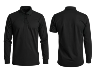 Two views of a plain black long-sleeved polo shirt, front and back